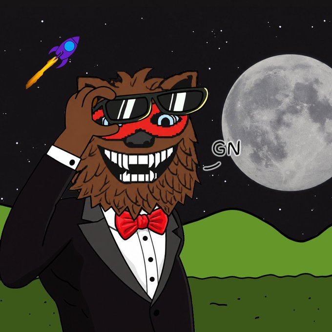 A cartoon illustration of a brown bear dressed in a tuxedo with a red bow tie, wearing sunglasses, standing in a grassy field at night with a large moon and a rocket in the background.