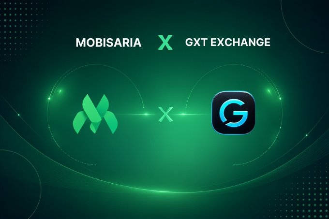 A green promotional graphic announcing a partnership between MOBISARIA and GXT EXCHANGE, featuring both company logos separated by an 'X'.