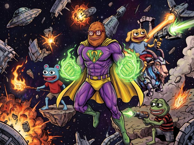A comic book-style illustration of a superhero scene in space featuring a muscular orange-furred character in a purple and yellow 'W' costume with glowing green energy fists, surrounded by various Muppet-style characters engaged in a space battle.