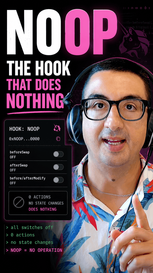 A YouTube thumbnail for a video titled "NOOP THE HOOK THAT DOES NOTHING," featuring a man with glasses and headphones pointing at the camera, alongside a mock interface for the NOOP contract.