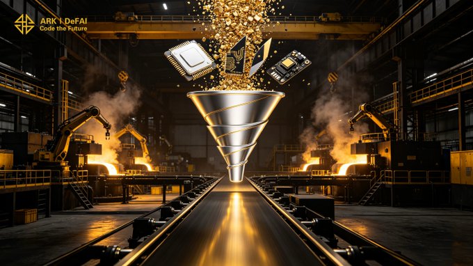 The image showcases the "ARK DeFAI" branding with the tagline "Code the Future," depicting an industrial setting where raw materials flow through a metallic funnel and are transformed into integrated AI chips on a conveyor belt—visually mirroring the post's message about converting raw AI components into a unified, functional execution layer powered by AI Agents.