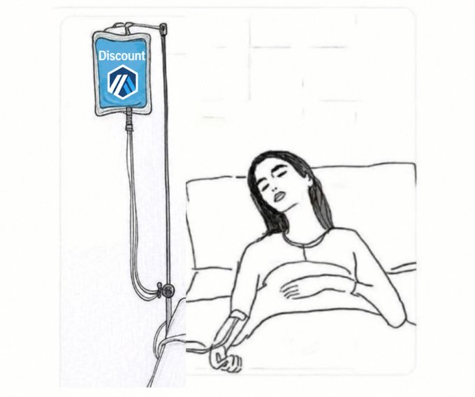 A cartoon illustration of a woman in a hospital bed connected to an IV drip bag that bears the Algorand logo and the word 'Discount'.