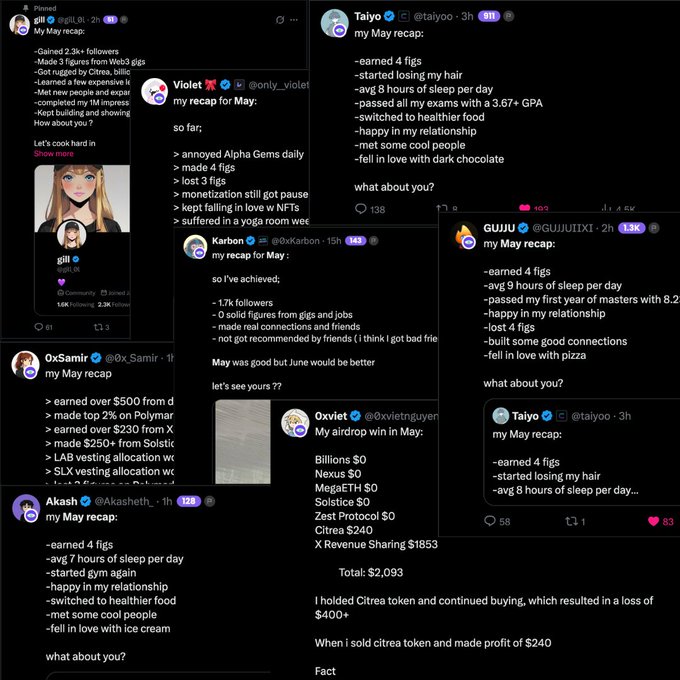 The image shows a collage of various social media posts related to the hashtag "my recap for May" posted by a user named "KPIs". The posts include information about trading futures, memes, and other topics that are relevant to the month of May. The posts also contain mentions of figures, such as $HYPE, $HYPE, and $HYPE, which could be related to the trading of futures or other financial markets.