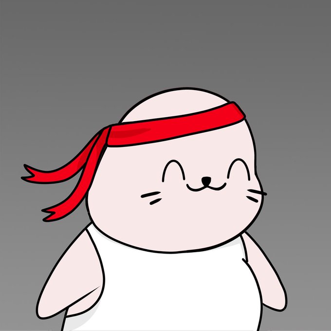 A simple 2D cartoon drawing of a cute, round pale character wearing a red headband and a white tank top against a gray background.