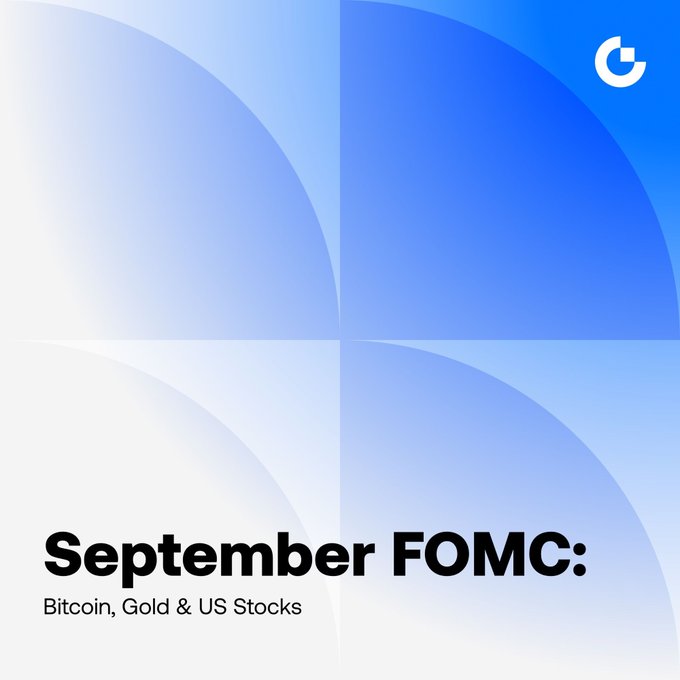 A blue gradient graphic features the Google "G" logo in the top right corner and bold text reading "September FOMC: Bitcoin, Gold & US Stocks" at the bottom, illustrating an article examining how the upcoming Federal Reserve interest rate decision could impact these three key asset markets.
