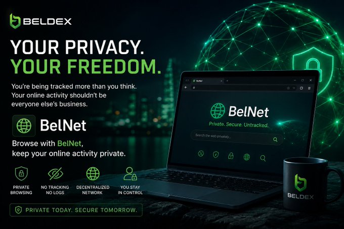 A promotional graphic for Beldex featuring a laptop displaying the BelNet private browser interface, alongside a branded coffee mug, set against a cityscape backdrop with a glowing green security shield. Bold text reads "YOUR PRIVACY. YOUR FREEDOM." with the tagline "PRIVATE TODAY. SECURE TOMORROW." and highlights key benefits like private browsing, no tracking, no logs, and a decentralized network—reinforcing the post's message about protecting personal data from everyday online tracking.