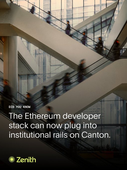 An interior view of people moving up and down crisscrossing escalators in a modern glass building, overlaid with the text "DID YOU KNOW The Ethereum developer stack can now plug into institutional rails on Canton." and the Zenith logo. The image's busy, multi-directional escalators visually reinforce the post's theme of Ethereum's vast developer activity and contracts converging toward institutional infrastructure on Canton Network.