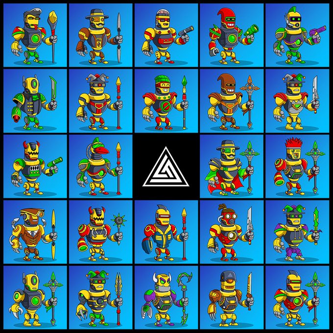 A grid of 25 colorful robot warrior character sprites displayed against a vibrant blue background, with the center square featuring a black background displaying a white triangular logo. The post highlights how the blue background complements the varied color schemes of the robots, pairing each with bold weapon designs like swords, spears, and energy weapons.