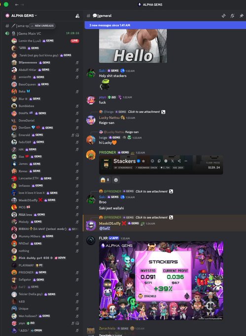 Discord server showing the #general channel in ALPHA GEMS where members like Sami, SLippasaaaaa, and jojo share messages with images, including a meme of a finger pointing captioned "Hello" and a Stackers casino investment screenshot showing "$0.091" invested with "96" BXT, referencing the crypto "tickers" the post mentions catching plays on.