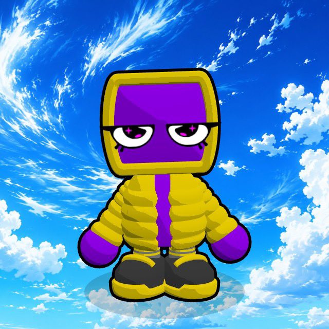 A cartoon character with a purple face inside a yellow square-shaped helmet, wearing a matching yellow and purple puffy jacket and boots, stands against a backdrop of a cloudy blue sky.