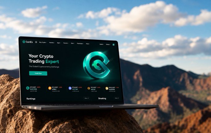 A laptop displays the CoinEX cryptocurrency exchange website ("Your Crypto Trading Expert") sitting on a rocky mountain surface under a cloudy sky.