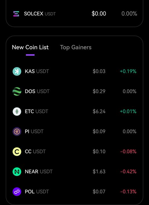 A dark-themed cryptocurrency listing interface showing a 'New Coin List' with 'Top Gainers' including KAS USDT (+0.19%), ETC USDT (+0.01%), CC USDT (-0.08%), NEAR USDT (-0.42%), and POL USDT (-0.13%).