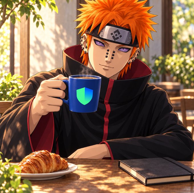 An anime character with spiky orange hair and purple eyes sits at a sunlit café table, holding a blue mug featuring a shield emblem, with a croissant, book, and greenery completing the scene—a fitting visual for a weekend greeting that encourages builders to pause for coffee and rest.

No additional key text or numbers are visible in the image beyond the shield emblem on the mug.