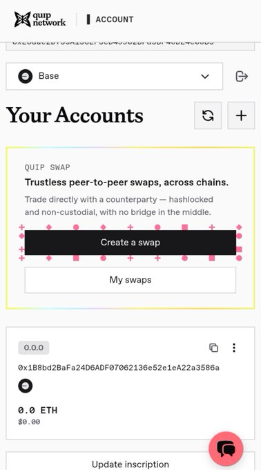 A mobile screenshot of the Quip Network app showing 'Your Accounts' with a highlighted 'Create a swap' button for QUIP SWAP.