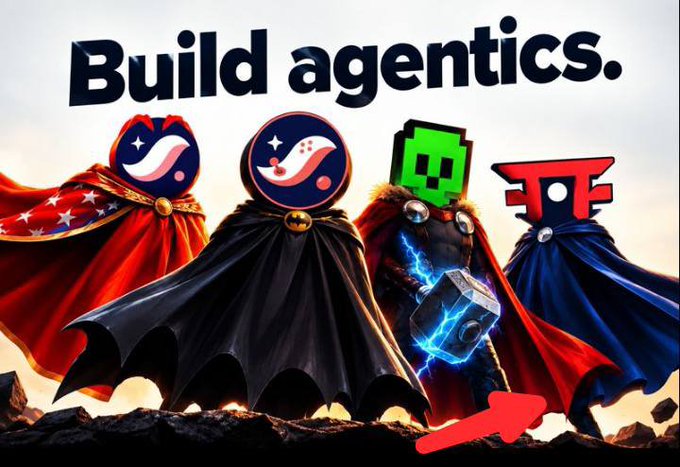 A stylized graphic depicts four superhero-like figures with tech and pop-culture logos for heads, captioned 'Build agentics.'