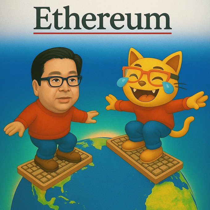 A cartoon-style illustration titled 'Ethereum' showing a man with glasses and a smiling orange cat character with glasses, both standing on brown rectangular platforms resembling keyboards above a globe.