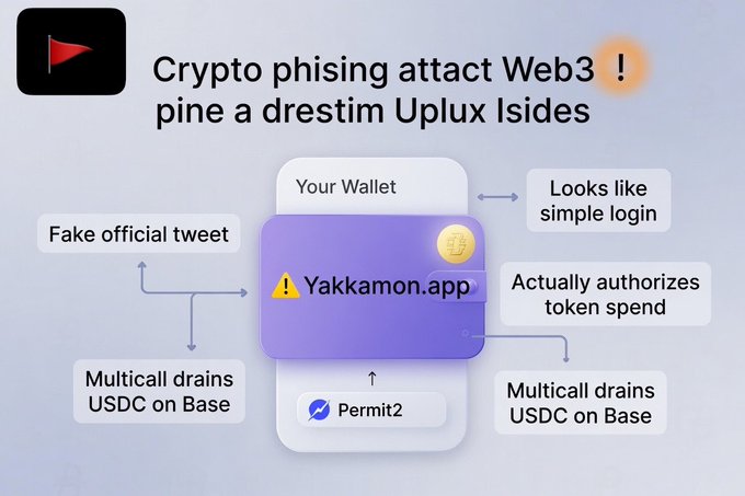 A diagram titled "Crypto phising attack Web3 !" illustrating how a fake site like "Yakkamon.app" uses Permit2 to authorize token spend via a multicall drain on USDC.