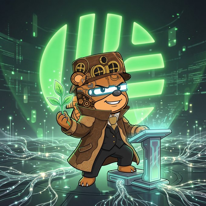 A steampunk bear character, holding a sprout and standing at a futuristic podium, is shown against a background of glowing green circuitry and the @CNPYNetwork logo, visually representing the need for diverse blockchain solutions.