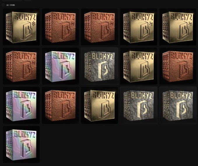 A collection of 16 NFT items labeled "BLOKYZ" displayed in a grid, featuring various textures including bronze, gold, stone, and iridescent holographic finishes, with each cube embossed with the Blokyz logo and the number "5" on its sides. The image illustrates the user's NFT collection from the @OriginalBlokyz project, showcasing the 16 items they own across different variants.
