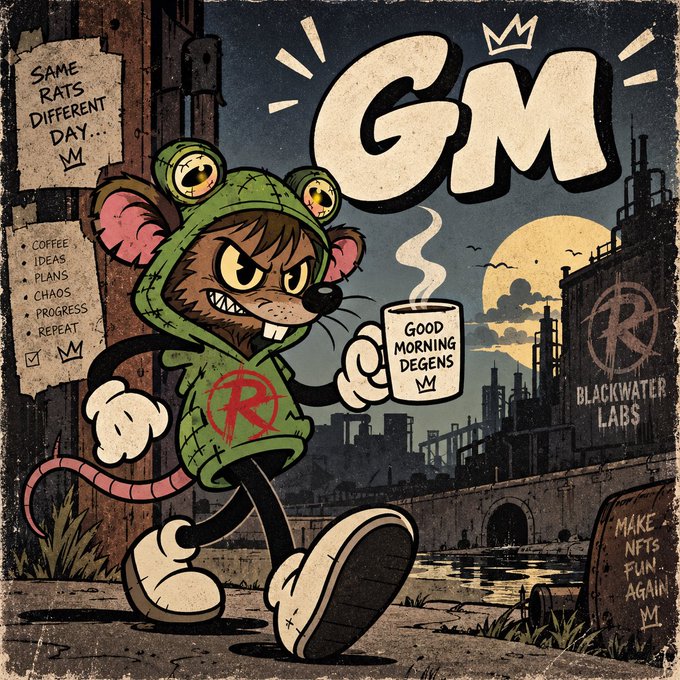 A retro-style cartoon illustration of an angry rat in a green hoodie walking and holding a coffee mug that reads 'GOOD MORNING DEGENS', with a large 'GM' speech bubble, and text including 'SAME RATS DIFFERENT DAY', 'COFFEE, IDEAS, PLANS, CHAOS, PROGRESS, REPEAT', 'BLACKWATER LABS', and 'MAKE NFTS FUN AGAIN'.
