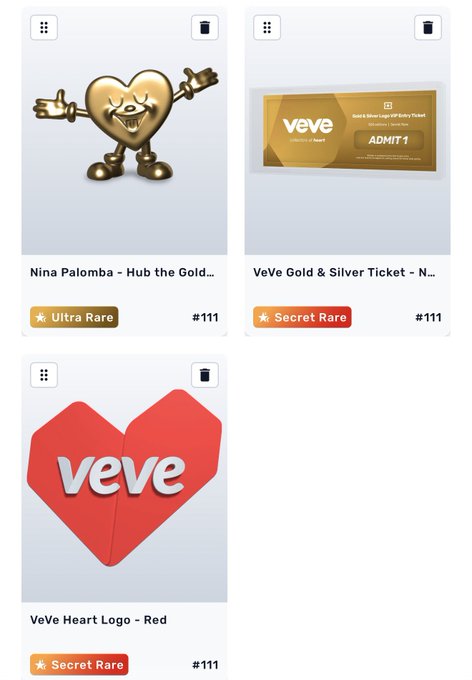 A screenshot from the VeVe app displaying digital collectibles: 'Nina Palomba - Hub the Gold...' (Ultra Rare), 'VeVe Gold & Silver Ticket - N...' (Secret Rare), and 'VeVe Heart Logo - Red' (Secret Rare), each numbered #111.