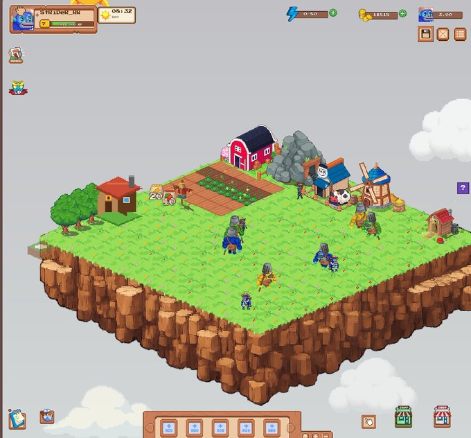 An isometric view of a 3D voxel-based farming and strategy game featuring characters, crops, a red barn, and small houses on a floating landmass, with UI elements showing a timer (05:32) and resources like '13516' coins.