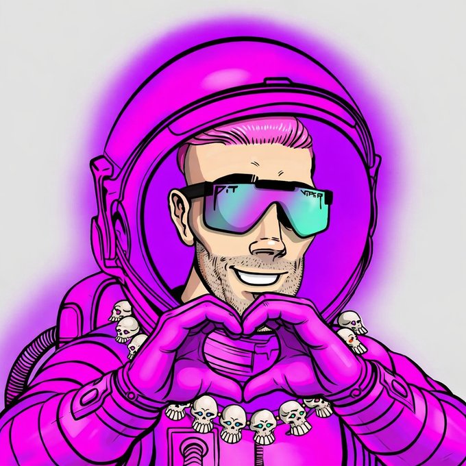 Digital illustration of a smiling man in a purple spacesuit and helmet wearing iridescent sunglasses, forming a heart shape with his gloved hands over a skull-adorned necklace.
