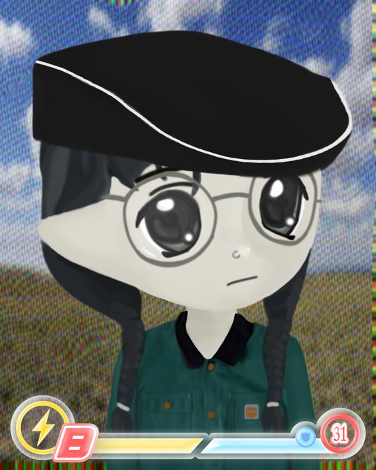 A screenshot from a video game featuring an avatar character with large anime-style eyes, round glasses, a black beret, and dark braids, wearing a green collared shirt, with a game HUD showing HP bar and level 31.