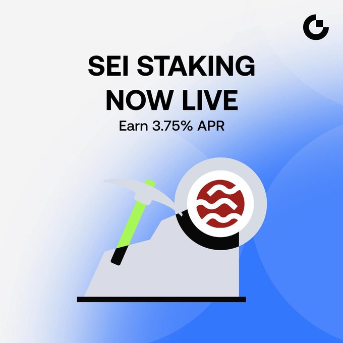 The promotional graphic announces "SEI STAKING NOW LIVE" with an offer to "Earn 3.75% APR," featuring an illustration of a pickaxe chipping at a SEI coin to symbolize crypto mining/staking rewards on the Gate.io platform.