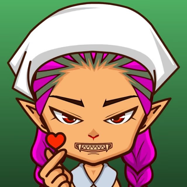 A cartoon-style illustration of a vampire-like female character with pink braided hair, pointed ears, fangs, and red eyes, wearing a white bonnet and holding a small heart.