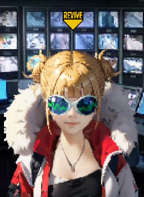 A blonde anime-style character wearing round sunglasses and a red and white fur-trimmed jacket stands in front of a wall of TV monitors, with a yellow "REVIVE" button and arrow displayed above her head. The "REVIVE" option suggests this is a screenshot from a game or app where the user is choosing to respawn or restore their character, metaphorically reflecting the poster's sentiment about reviving past NFT purchases despite missing better prices.