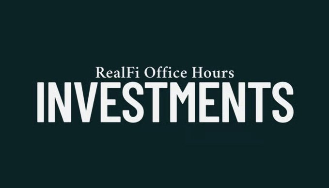 A simple text graphic on a dark background reading 'RealFi Office Hours' above the large word 'INVESTMENTS'.