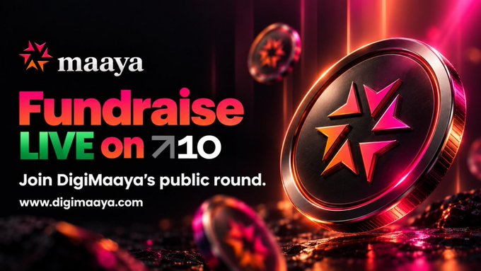 A promotional graphic for 'maaya' announces a 'Fundraise LIVE on' event to join their public round, directing viewers to www.digimaaya.com against a dark background with glowing coin imagery.