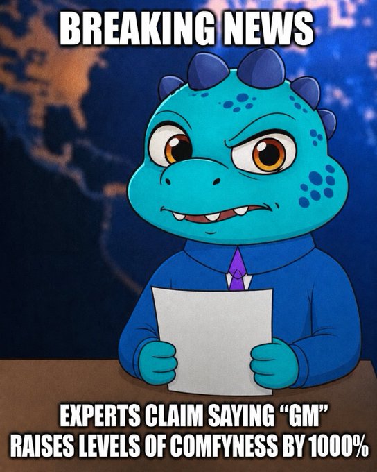 A cartoon dinosaur news anchor meme with text 'BREAKING NEWS' and 'EXPERTS CLAIM SAYING "GM" RAISES LEVELS OF COMFYNESS BY 1000%'.