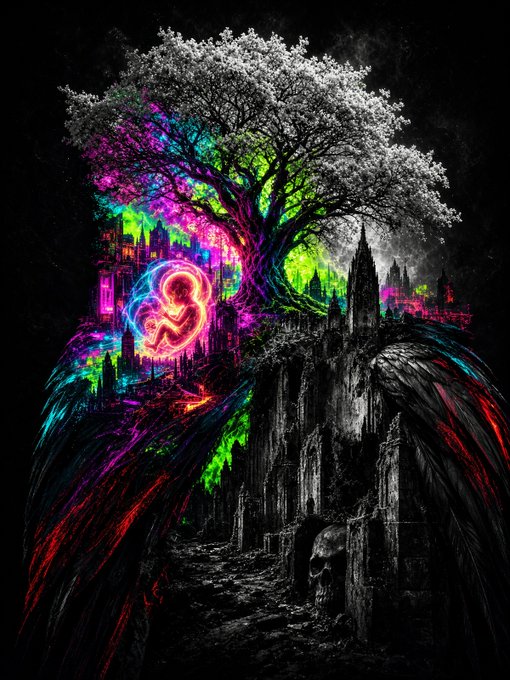 A surreal, dark fantasy digital illustration featuring a split-toned tree with a neon-lit city and fetus in a womb on one side, and a grayscale gothic castle city with a skull on the other.