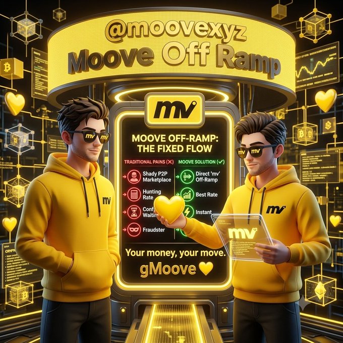 A 3D-rendered promotional image for '@moovexyz' featuring two cartoon figures in yellow 'mv' hoodies standing beside a display reading 'Moove Off Ramp: The Fixed Flow' that compares 'Traditional Pains (X)' to 'Moove Solution (✓)' with the tagline 'Your money, your move. gMoove'.