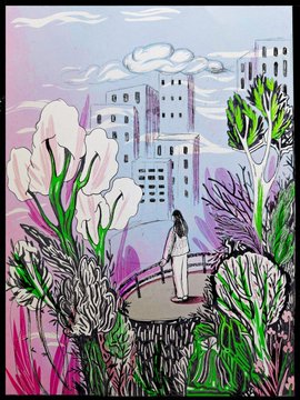 A colorful illustration of a person standing on a platform surrounded by vibrant flowers and plants, with white buildings in the background.