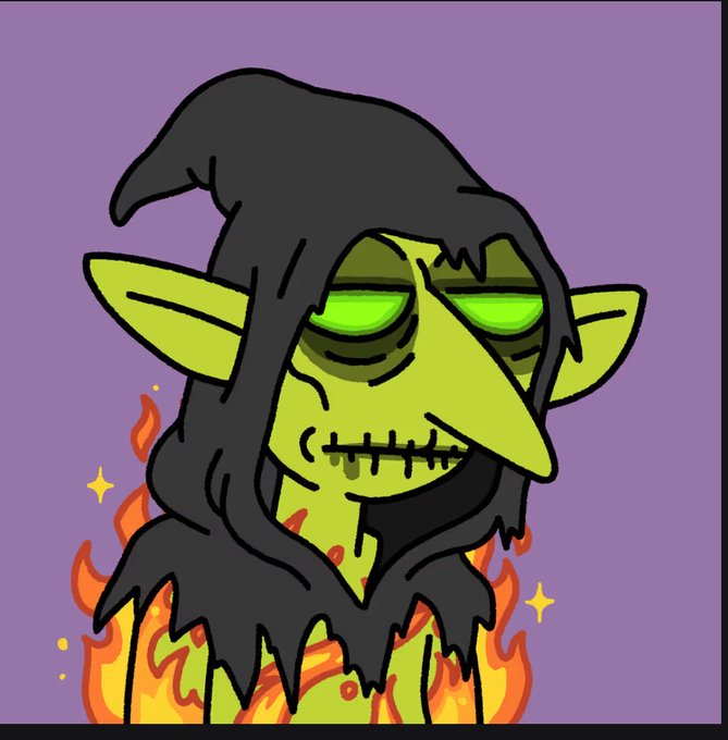 A cartoon illustration of a green-skinned witch with pointed ears, a long nose, and a black hooded robe, set against a purple background with flames below.