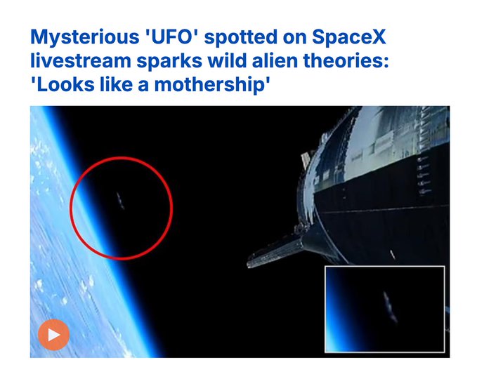 A news headline about a mysterious UFO spotted on a SpaceX livestream sparks wild alien theories, with the accompanying post questioning its authenticity ("No way this is real"), showing a streaking object circled in red near a spacecraft and Earth's horizon.