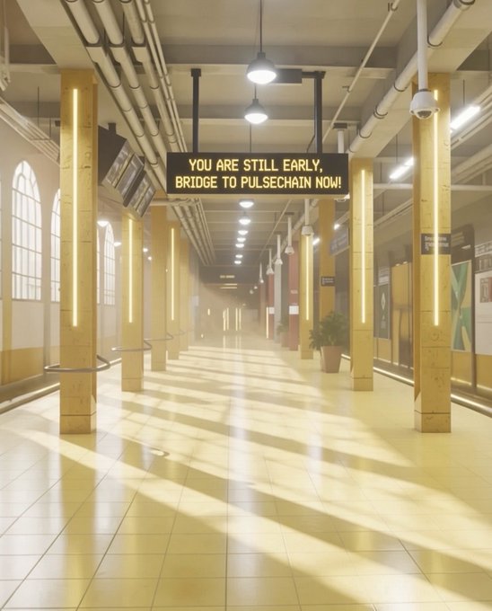 A sunlit corridor with yellow pillars features an overhead digital sign displaying 'YOU ARE STILL EARLY, BRIDGE TO PULSECHAIN NOW!'.