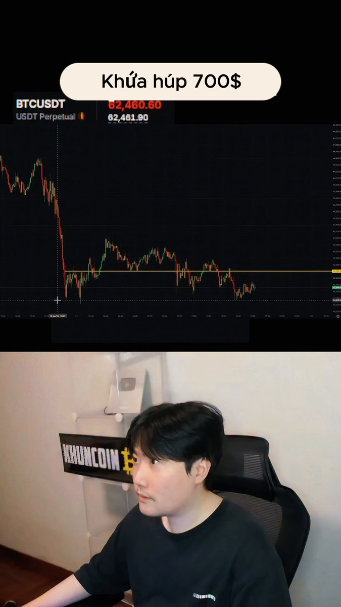 In the image, a young man is sitting in front of a computer screen with an upward-moving graph, likely showing Bitcoin trends. The caption of the image says "KhỘa hàn's meal, Long BTC slurps up 700$ Too systematic an analysis, thanks Still like his disciplined approach". This message suggests that the boy has made money through trading Bitcoin and is enjoying a meal after a successful trade.