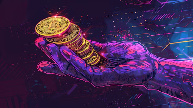 Stylized digital artwork of a glowing purple and pink hand holding a stack of Bitcoin coins against a futuristic neon background.