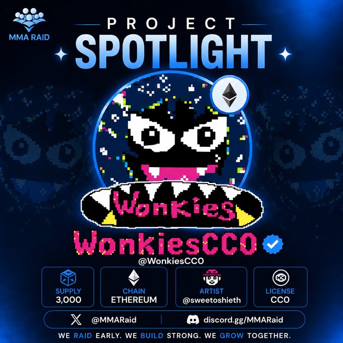 A Project Spotlight graphic from MMA Raid featuring a pixel-art character with the "WonKies" logo, highlighting the WonkiesCC0 collection (Supply: 3,000, Chain: Ethereum, Artist: @sweetoshieth, License: CC0), with the Twitter handle @WonkiesCC0 prominently displayed.