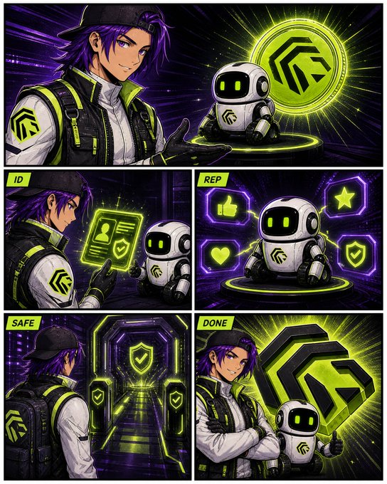 An anime-style comic featuring a purple-haired character with a small white robot, with panels labeled 'ID', 'REP', 'SAFE', and 'DONE' and a glowing green hexagonal logo in the background.