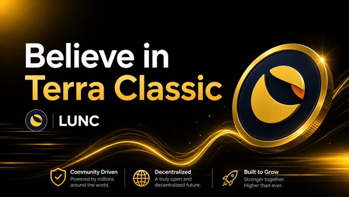 The image features a banner for a cryptocurrency called "Terra Classic", which has a gold circle with an orange crescent moon at its center, surrounded by text that reads "Believe in Terra Classic $LUNC". The background of the image is black and white, but there are yellow lines running through it.