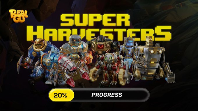 The image is a promotional graphic for "REAL GO SUPER HARVESTERS," featuring a lineup of five distinct mechanical harvester characters (including a red X-eyed robot, golden miners, and an excavator), with a progress bar indicating 20% completion. The text supports the post's update about the free trading development of Genesis Harvesters, which is currently 20% complete.