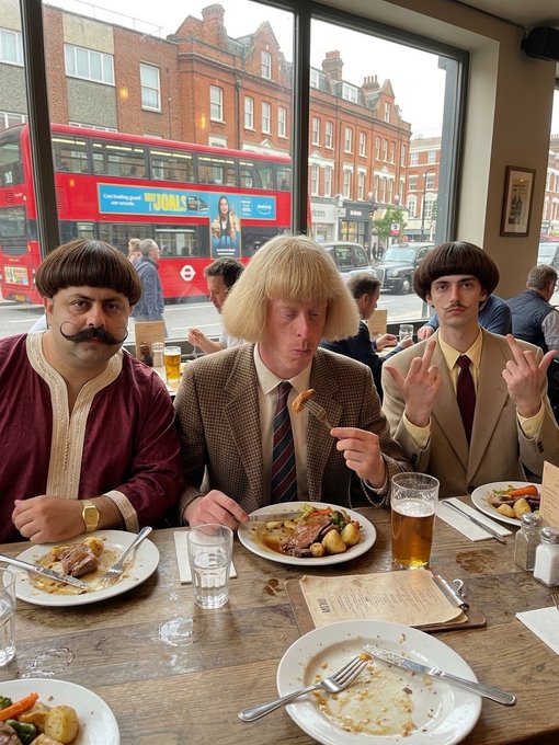 Three men with distinctive bowl haircuts and a mustache sit at a restaurant table eating a meal, with a red double-decker bus visible through the window behind them.