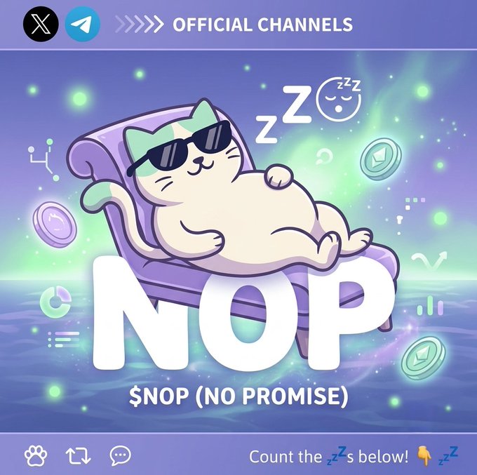 A Telegram channel banner for '$NOP (NO PROMISE)' showing a cat with sunglasses sleeping on a purple chaise lounge with 'NOP' in large letters and instructions to 'Count the z's below!'