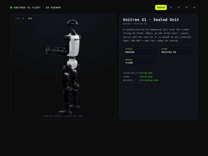 A 3D viewer interface showing the Unitree G1 humanoid robot NFT, with details indicating it's a sealed unit that boots up 24h after mint and can be revealed to be a real robot.