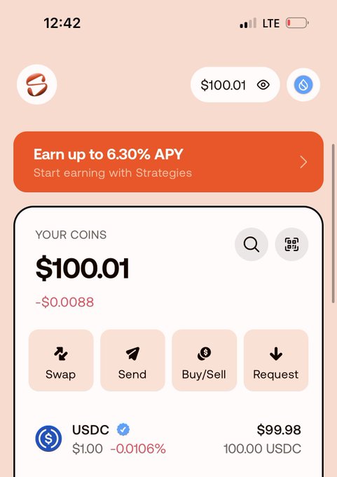 A mobile crypto app screen displays a balance of “$100.01,” the banner “Earn up to 6.30% APY,” buttons labeled “Swap,” “Send,” “Buy/Sell,” and “Request,” and a USDC entry showing “$99.98” and “100.00 USDC.”